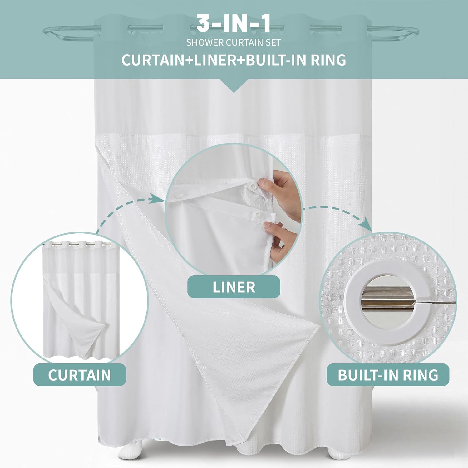 White Hookless Waffle Bath Curtain