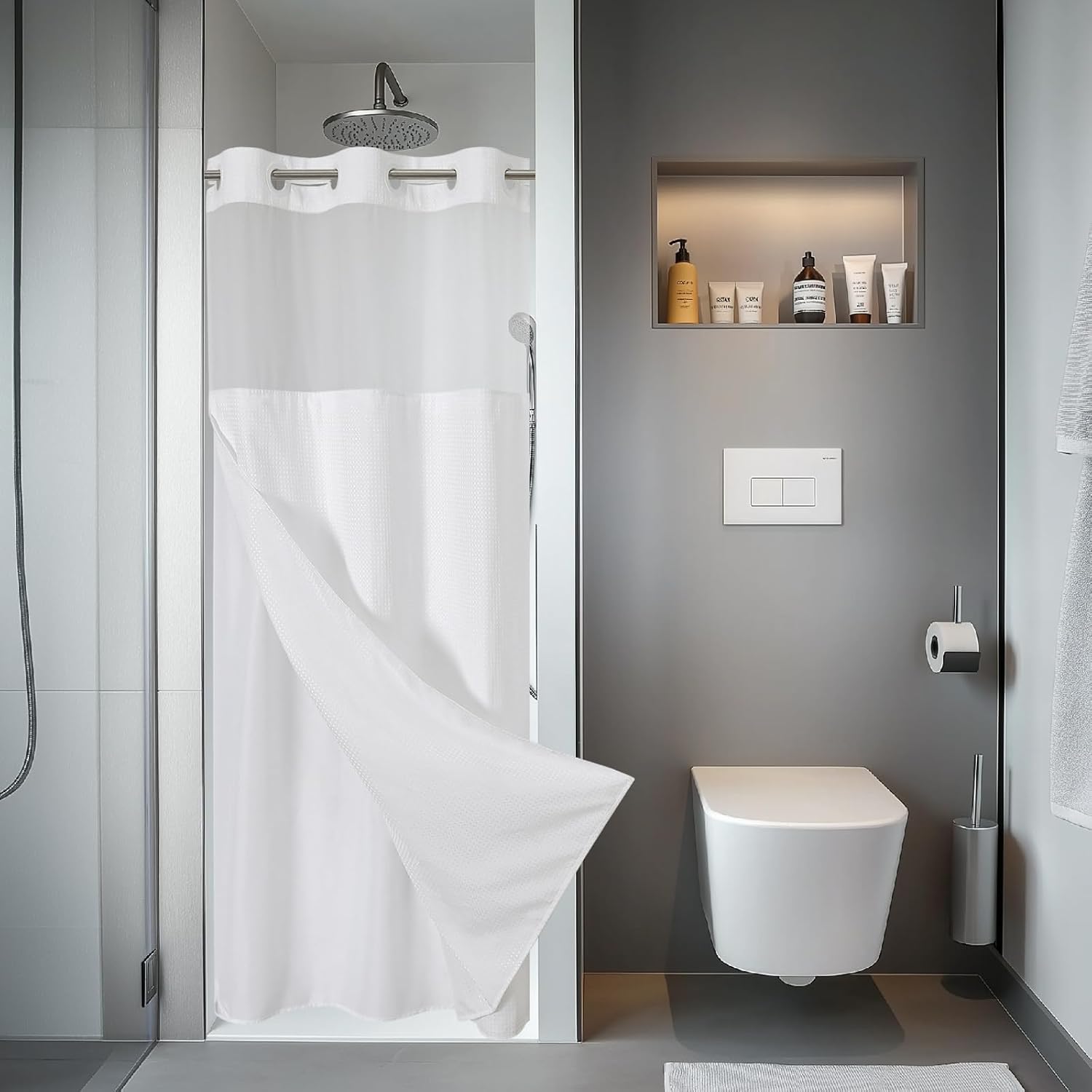 White Hookless Waffle Bath Curtain
