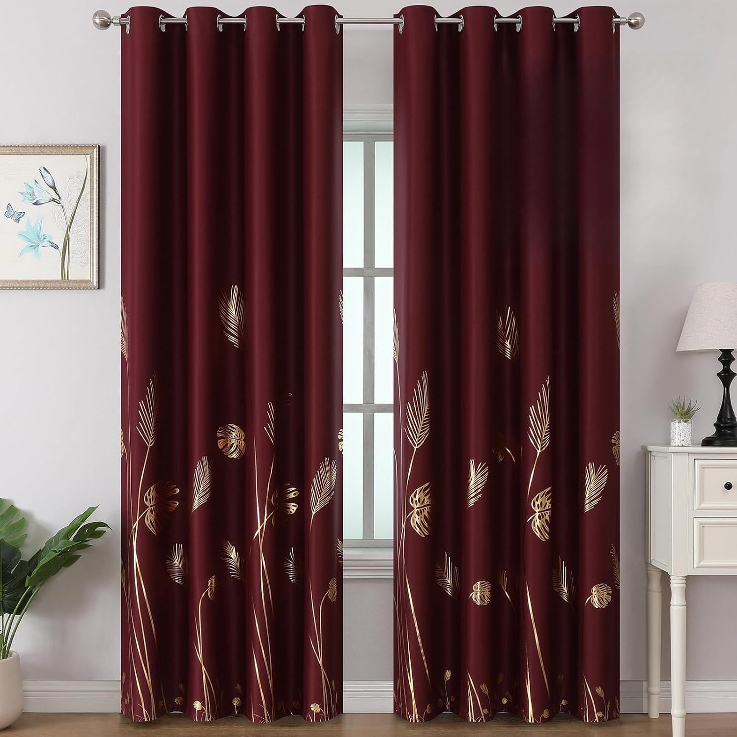 Red Leaf Printed Blackout Curtains