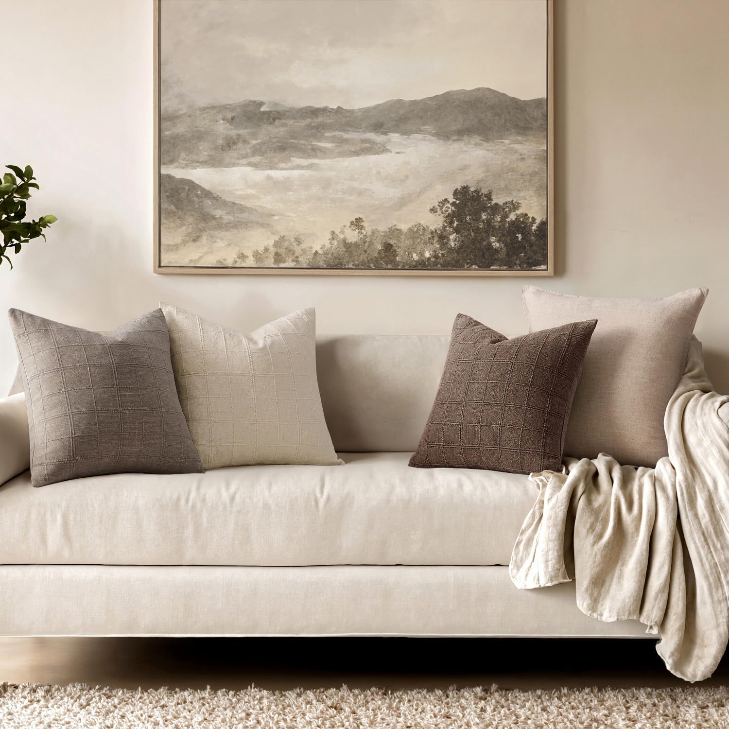 Taupe Linen Check Pillow Covers