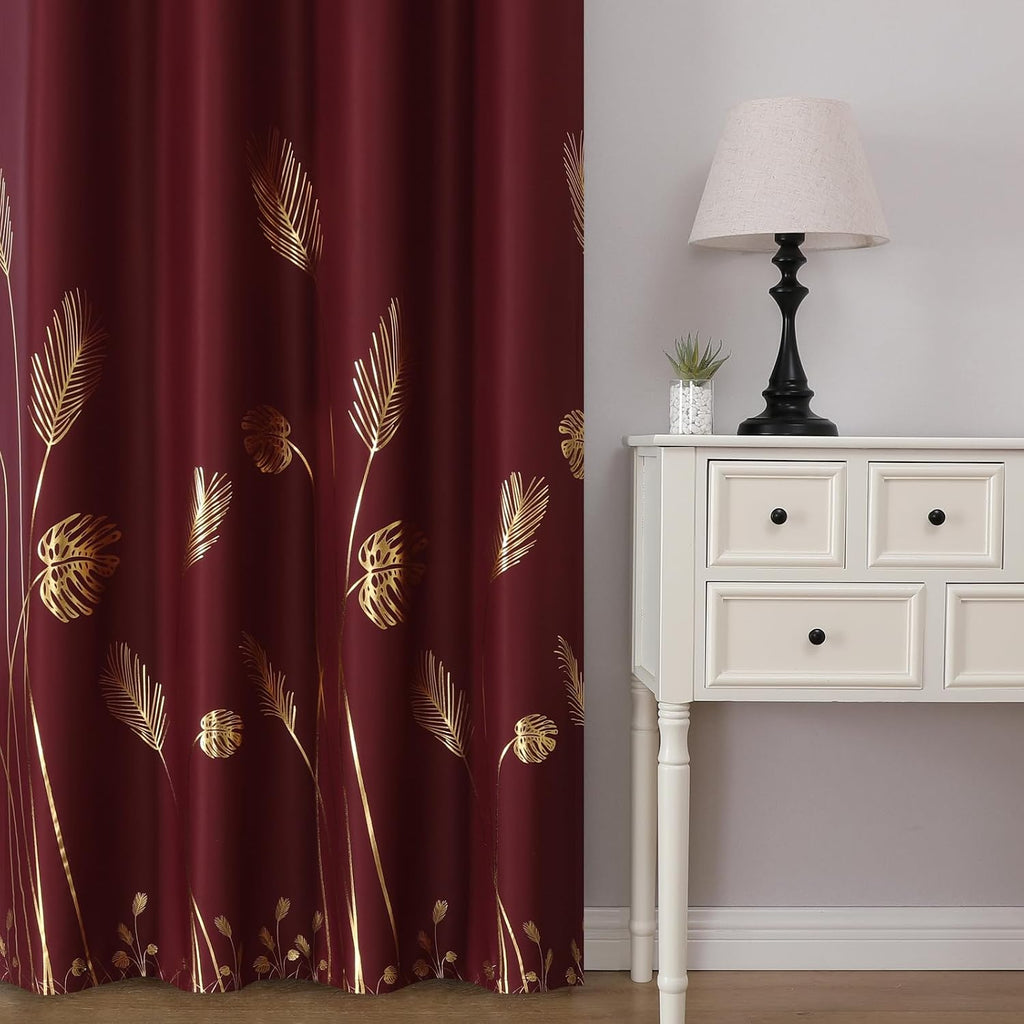 Red Leaf Printed Blackout Curtains