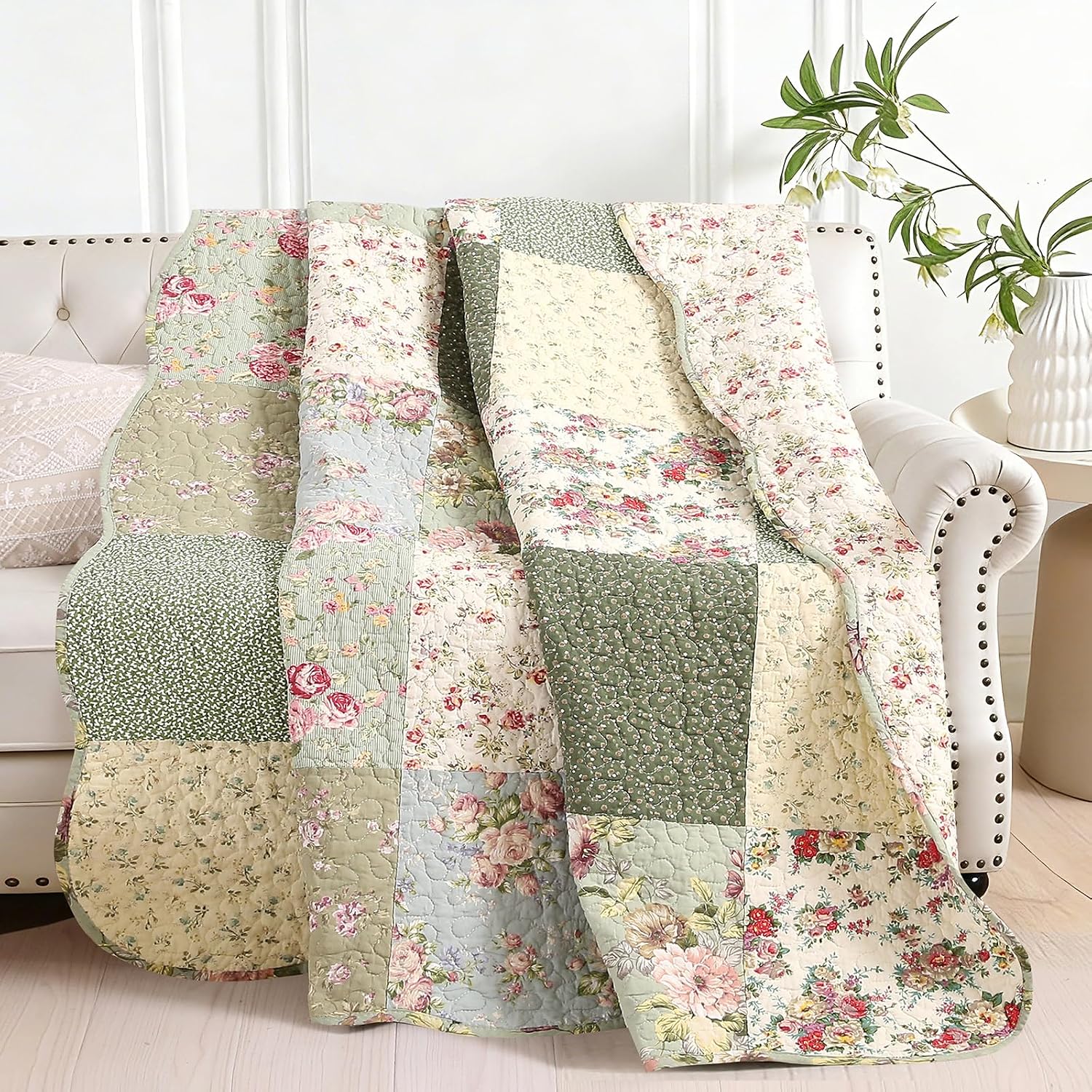 Green Floral Patchwork Throw Blanket