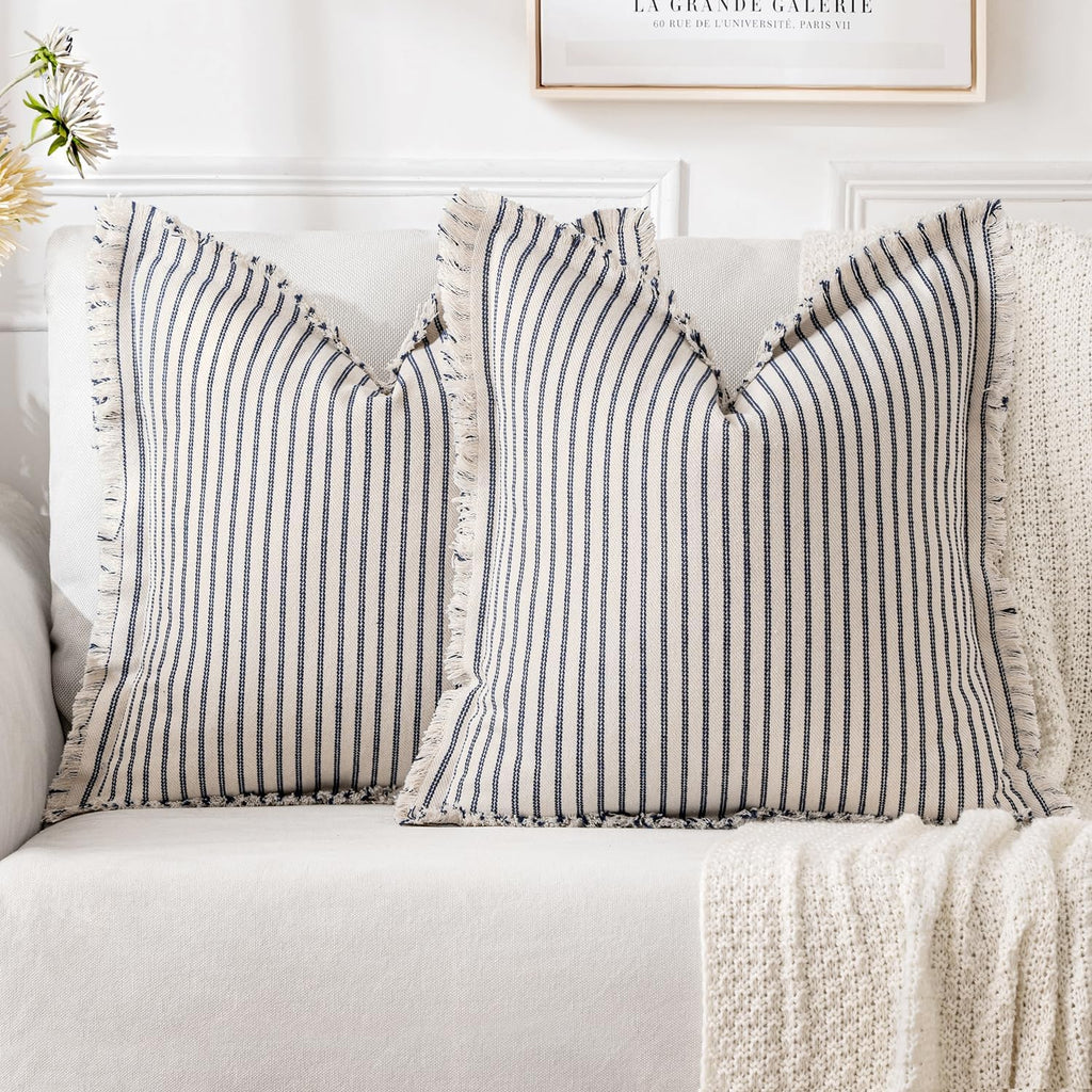 Navy Striped Fringe Pillow Covers
