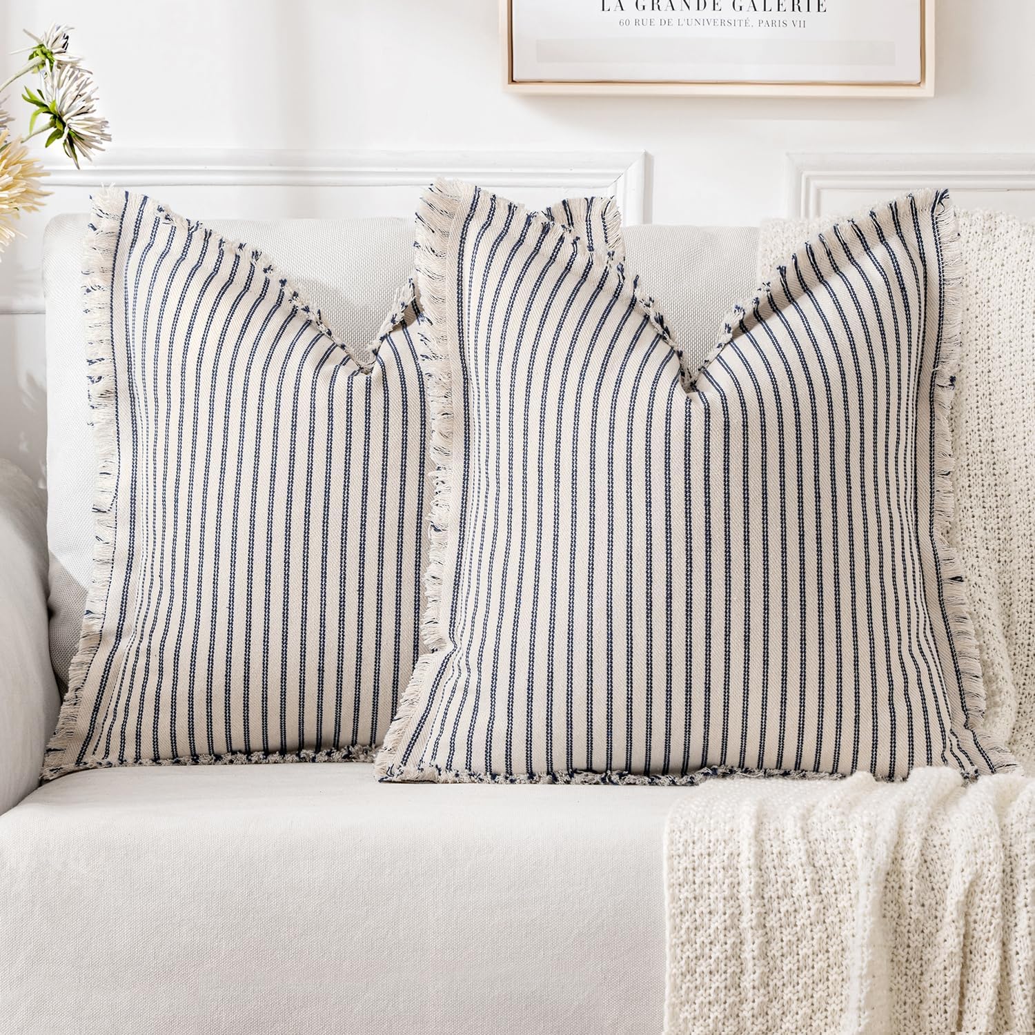 Navy Striped Fringe Pillow Covers