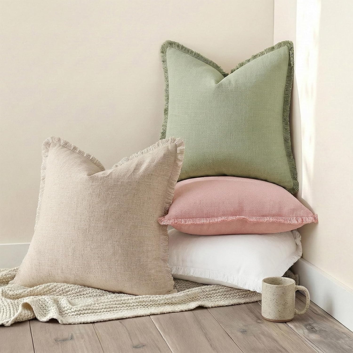 Beige Tassel Linen Pillow Covers