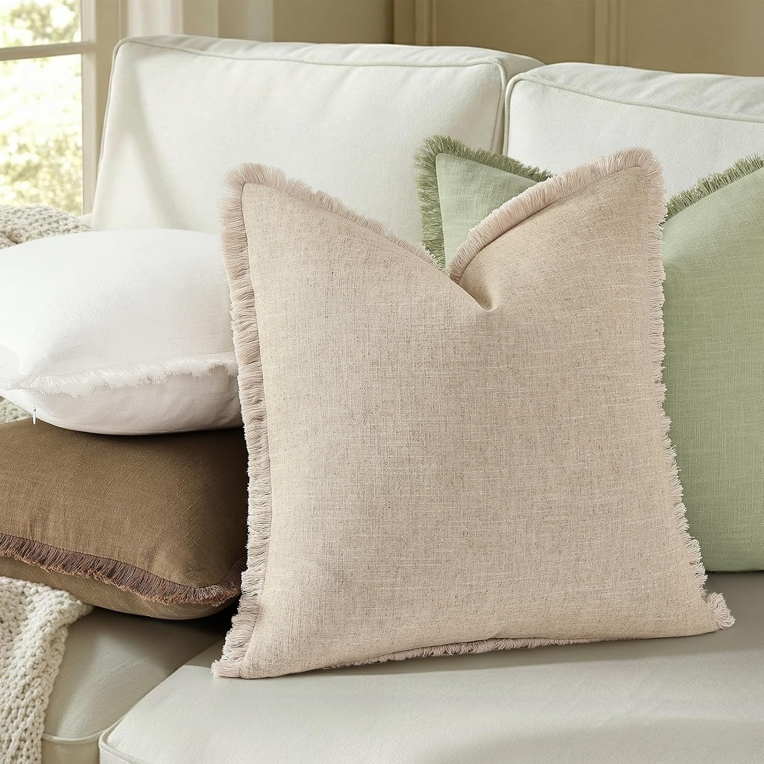 Beige Tassel Linen Pillow Covers