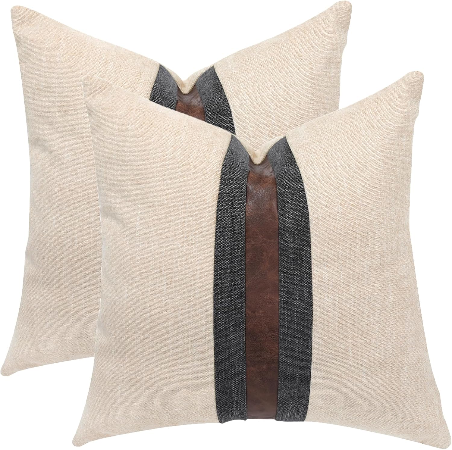 Beige Leather Linen Pillow Covers
