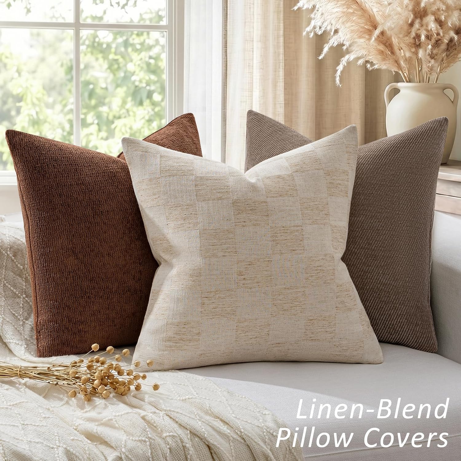 Natural Grid Linen Pillow Covers