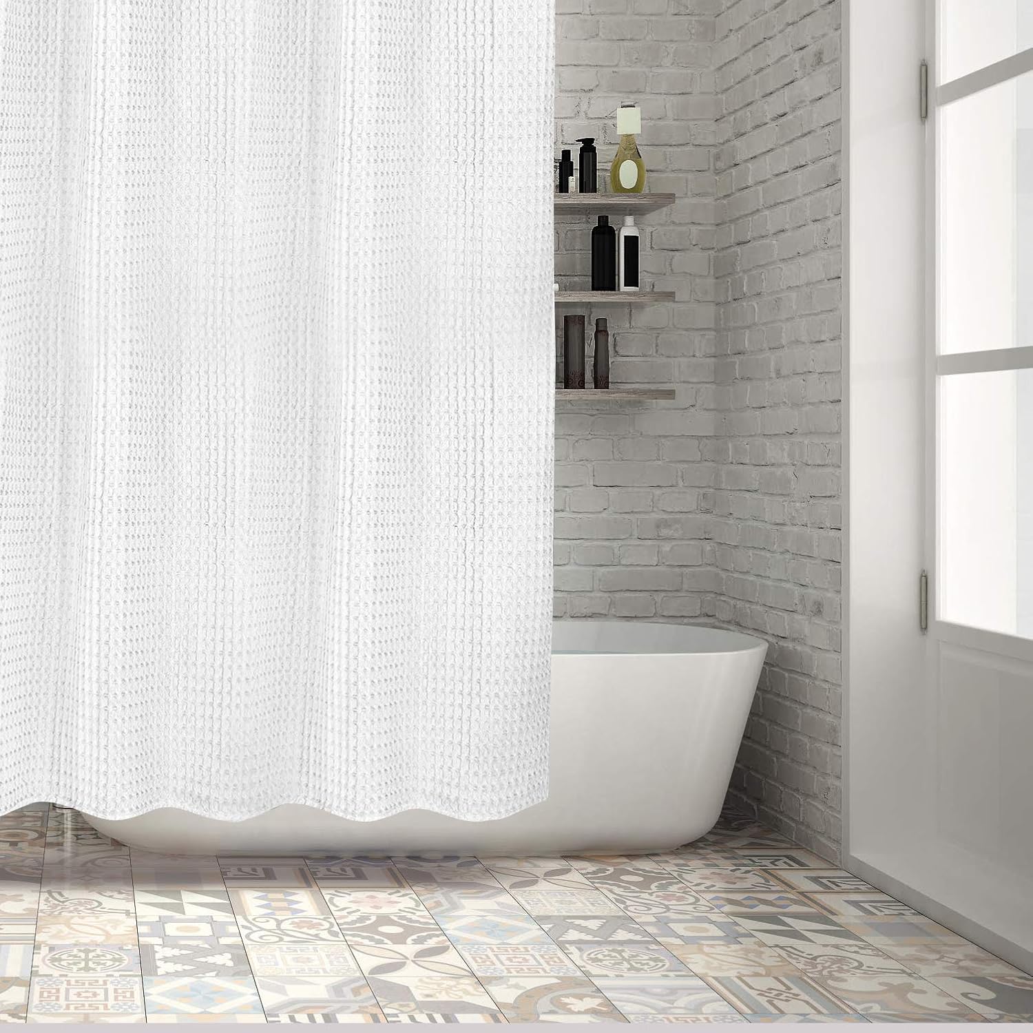 White Cotton Waffle Shower Curtain