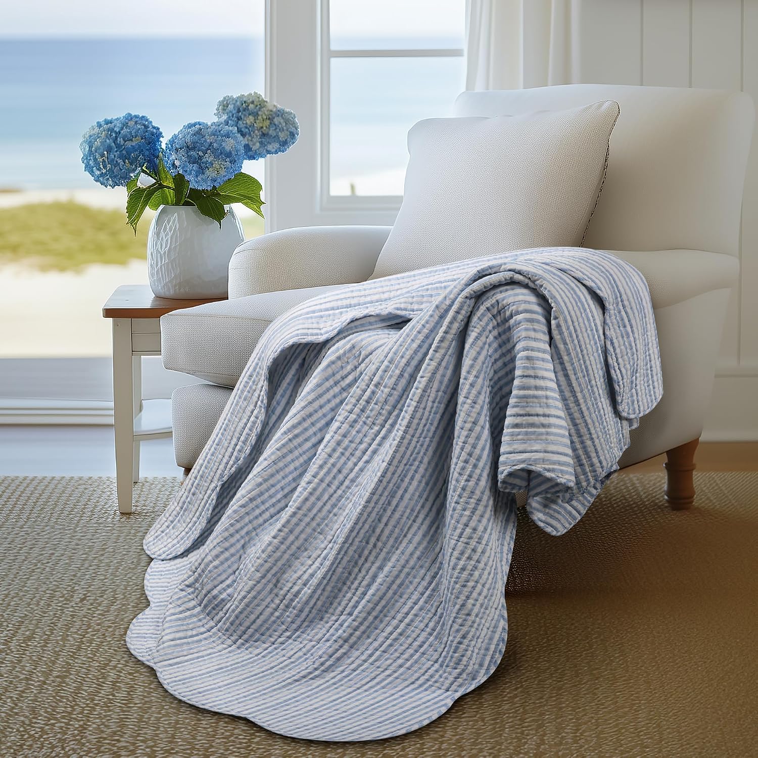 Blue White Striped Quilted Throw
