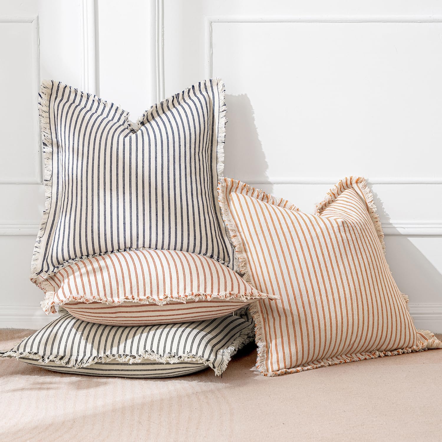 Navy Striped Fringe Pillow Covers