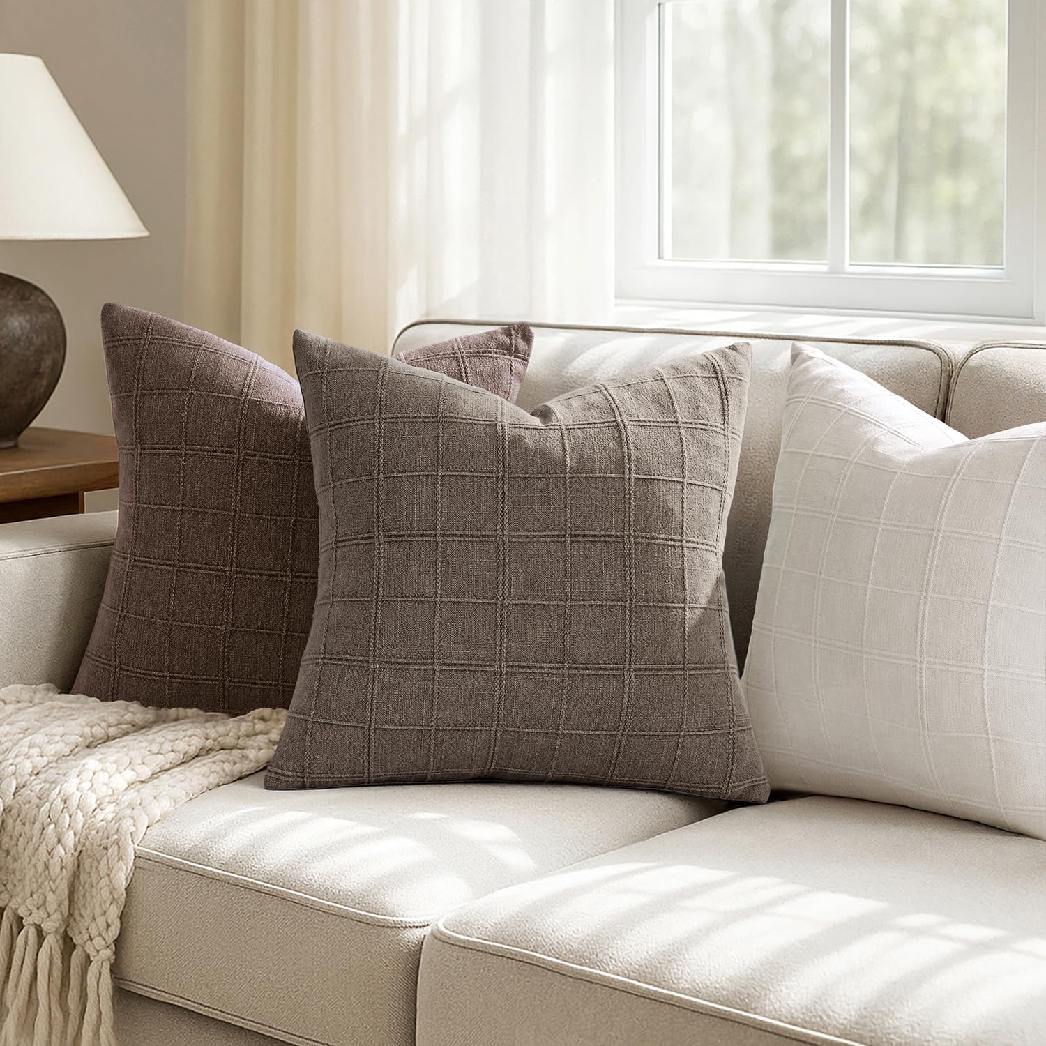 Taupe Linen Check Pillow Covers