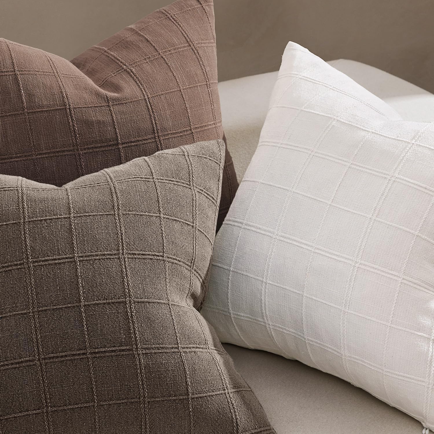 Taupe Linen Check Pillow Covers