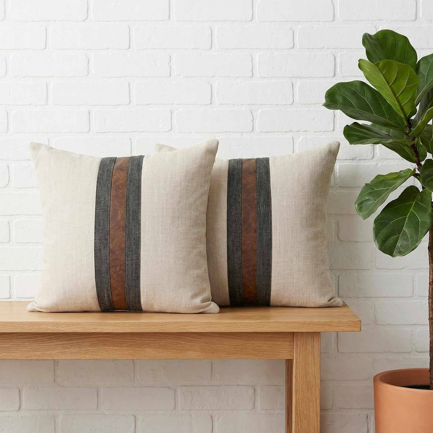 Beige Leather Linen Pillow Covers