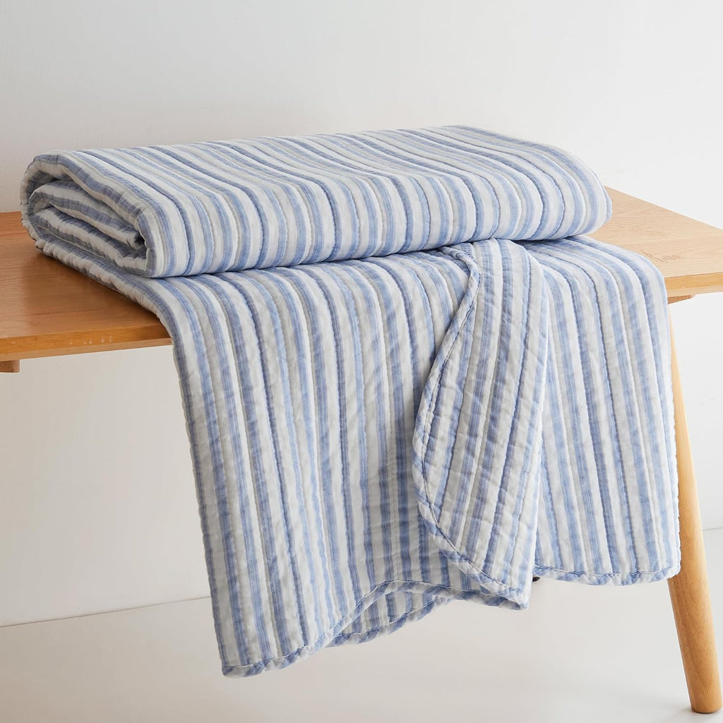 Blue White Striped Quilted Throw