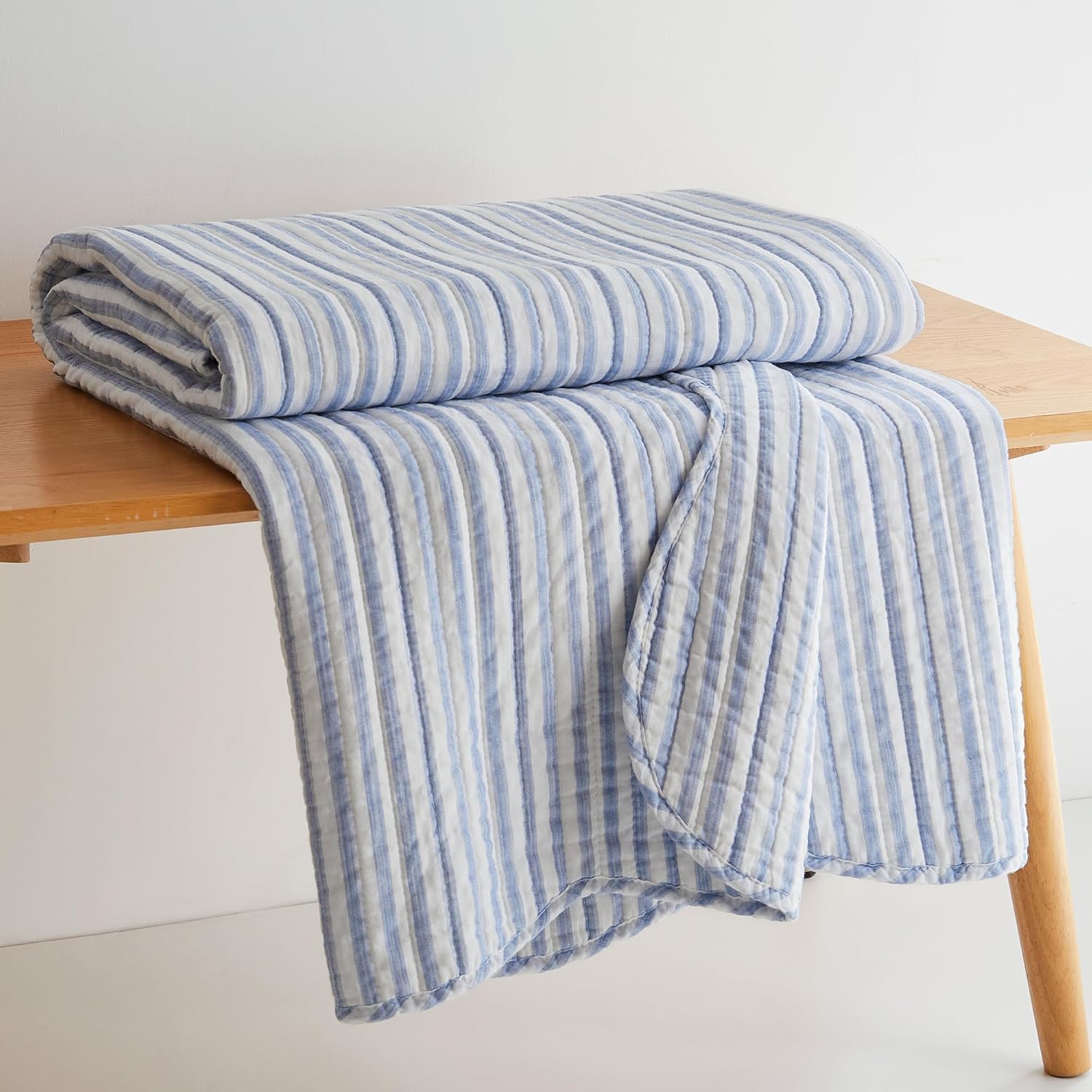 Blue White Striped Quilted Throw
