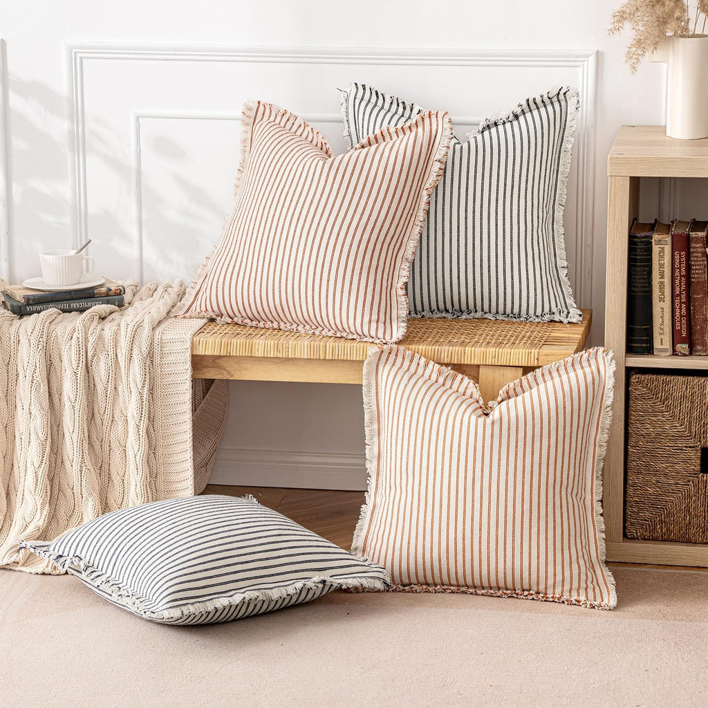 Navy Striped Fringe Pillow Covers