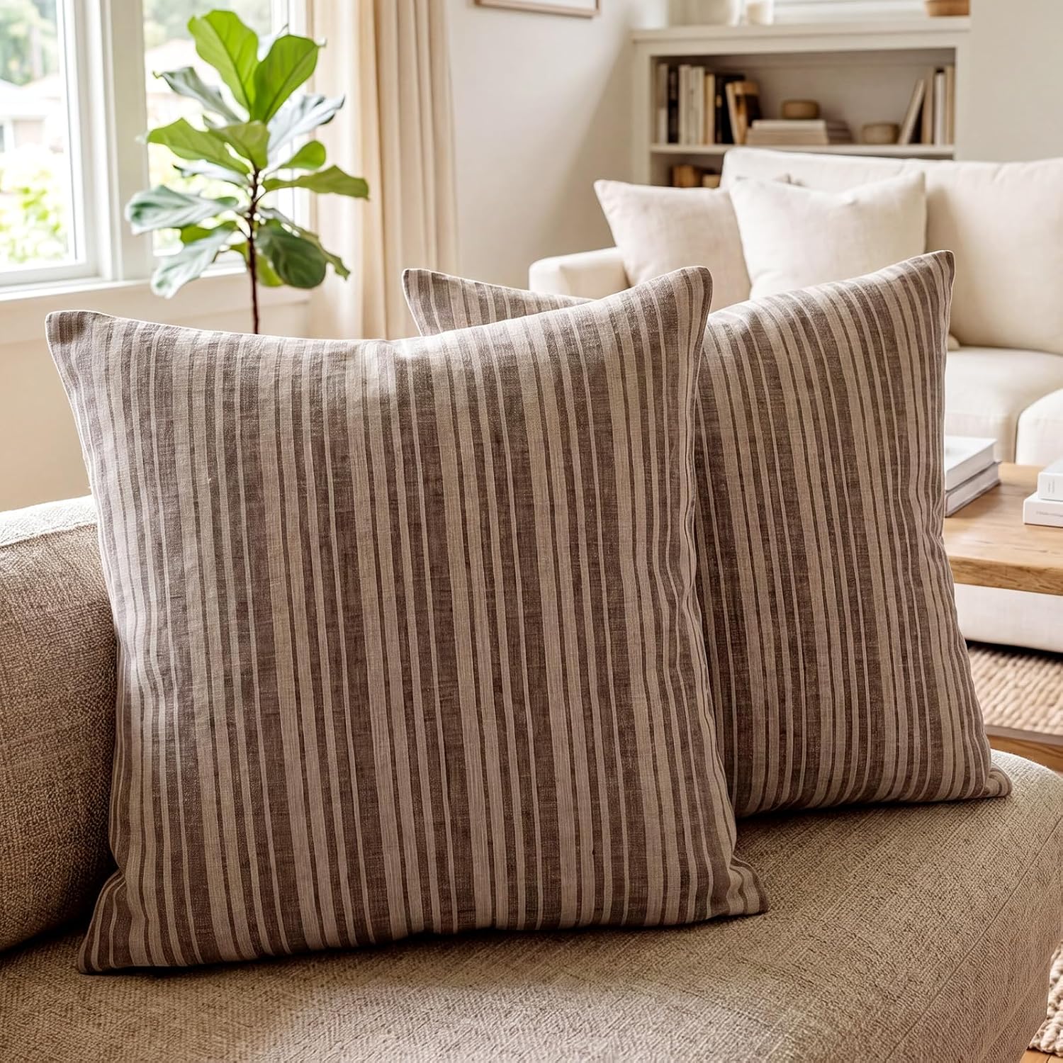 Brown Striped Linen Pillow Covers