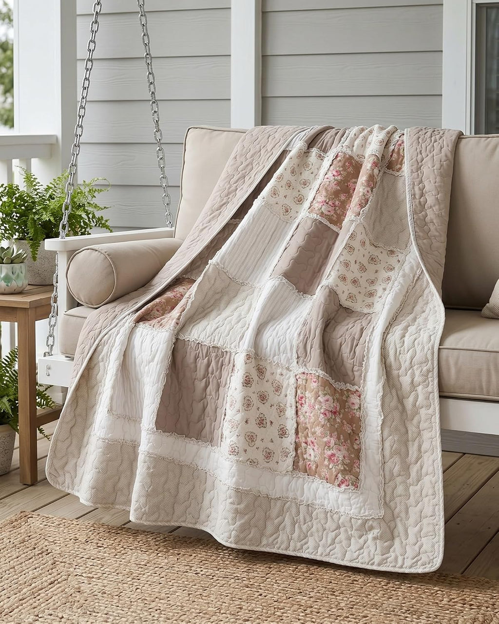 Beige Floral Quilted Throw Blanket