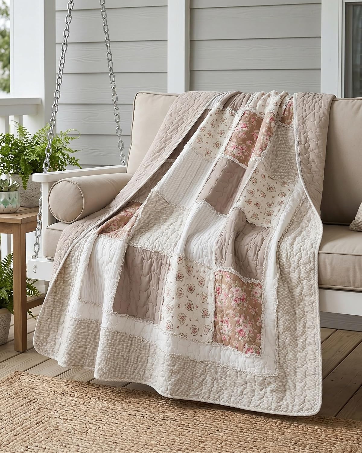 Beige Floral Quilted Throw Blanket