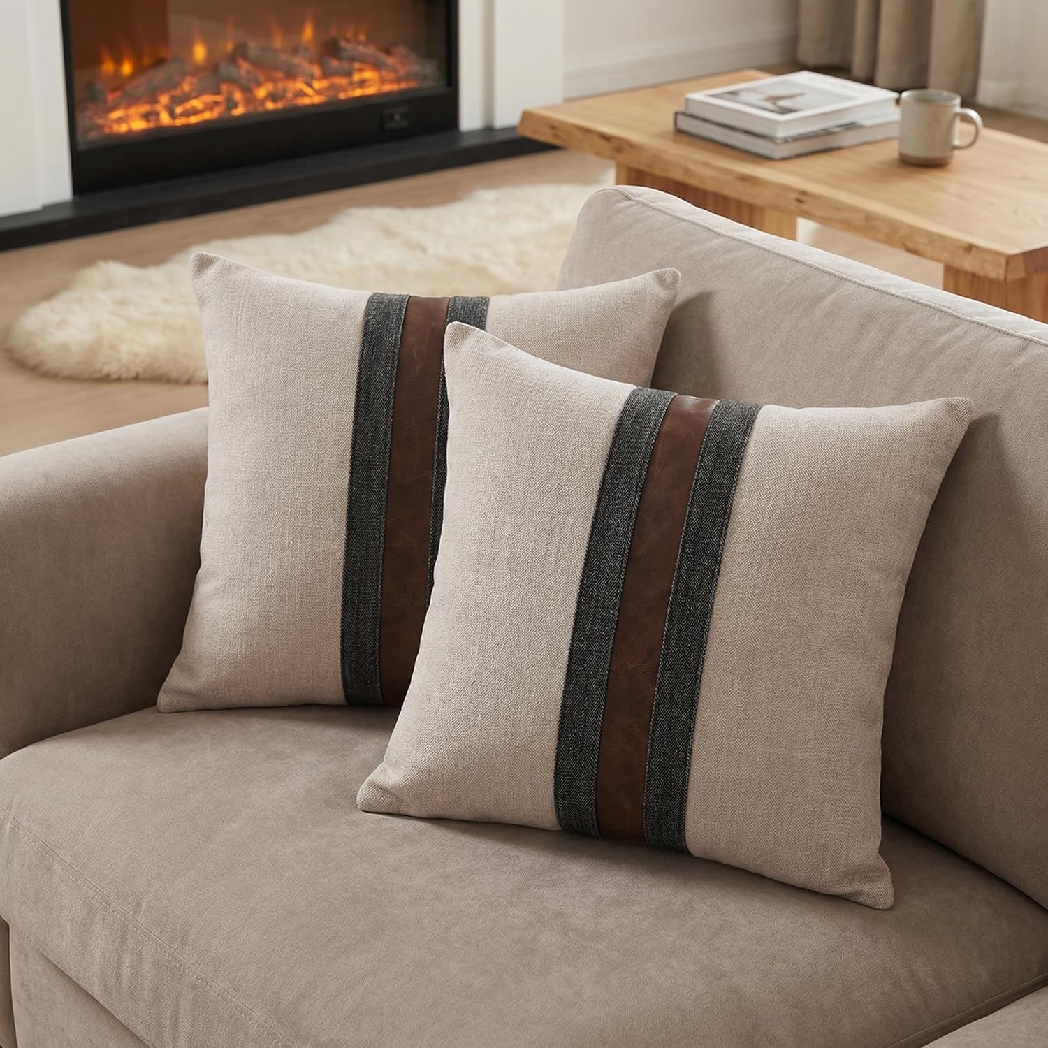 Beige Leather Linen Pillow Covers