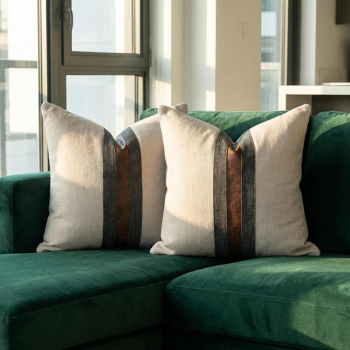 Beige Leather Linen Pillow Covers