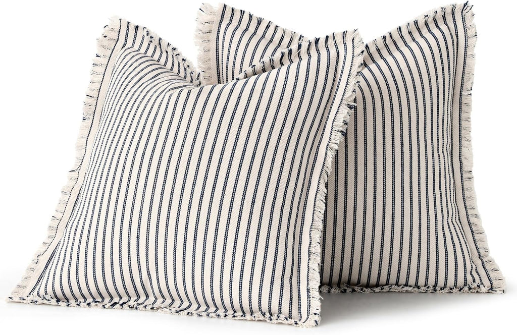 Navy Striped Fringe Pillow Covers