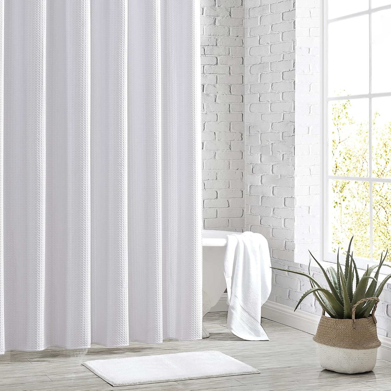 White Waffle Weave Bath Curtain