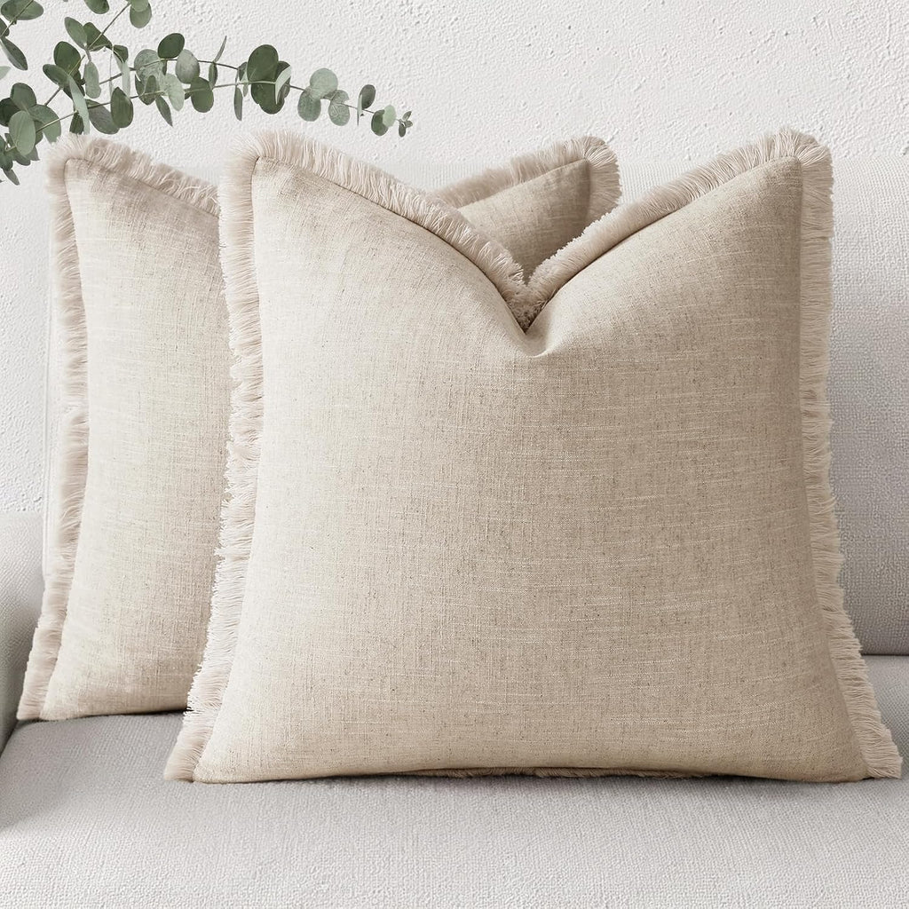 Beige Tassel Linen Pillow Covers