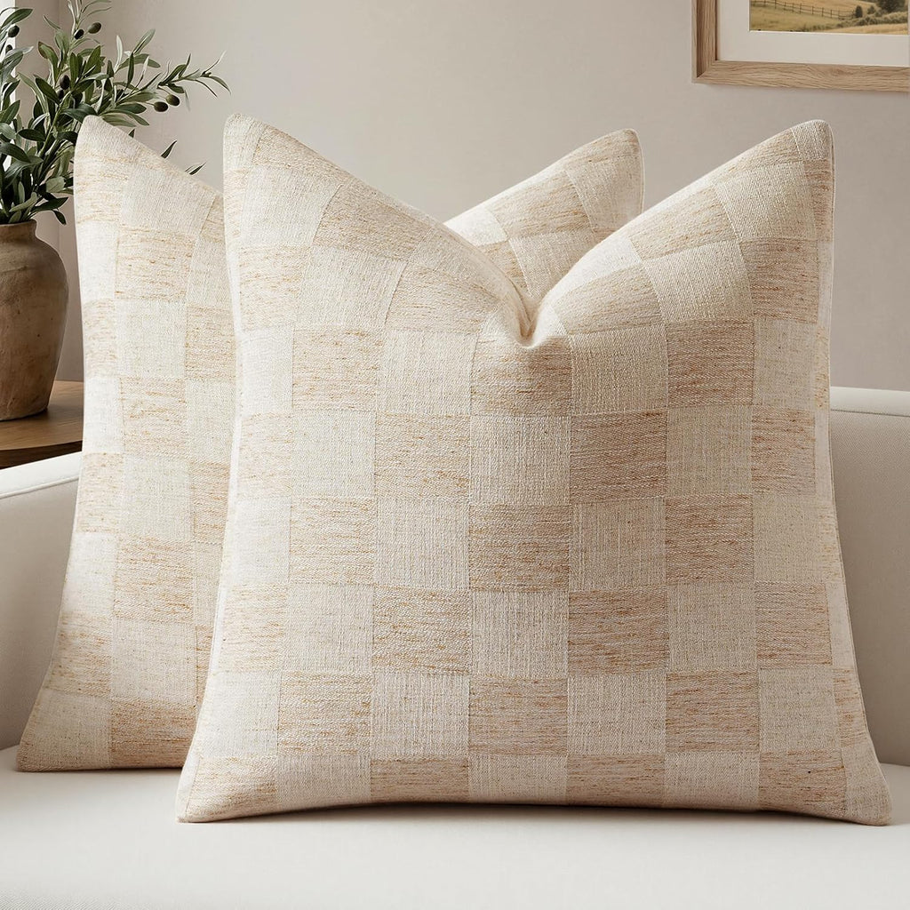 Natural Grid Linen Pillow Covers