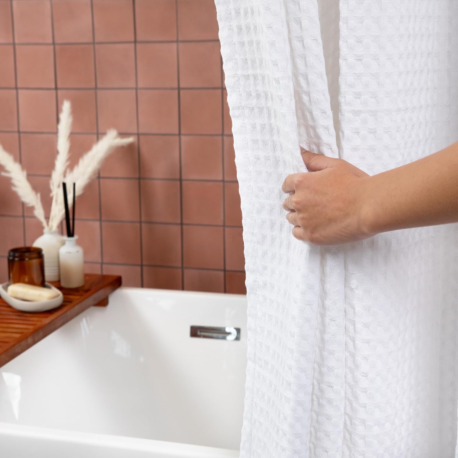 White Cotton Waffle Shower Curtain