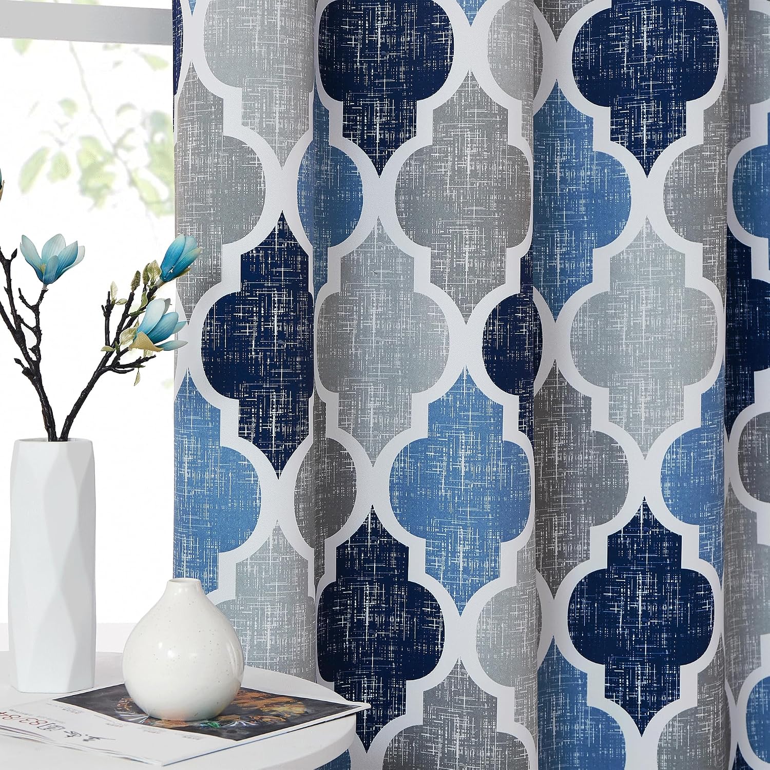Blue Grey Geo Blackout Curtains