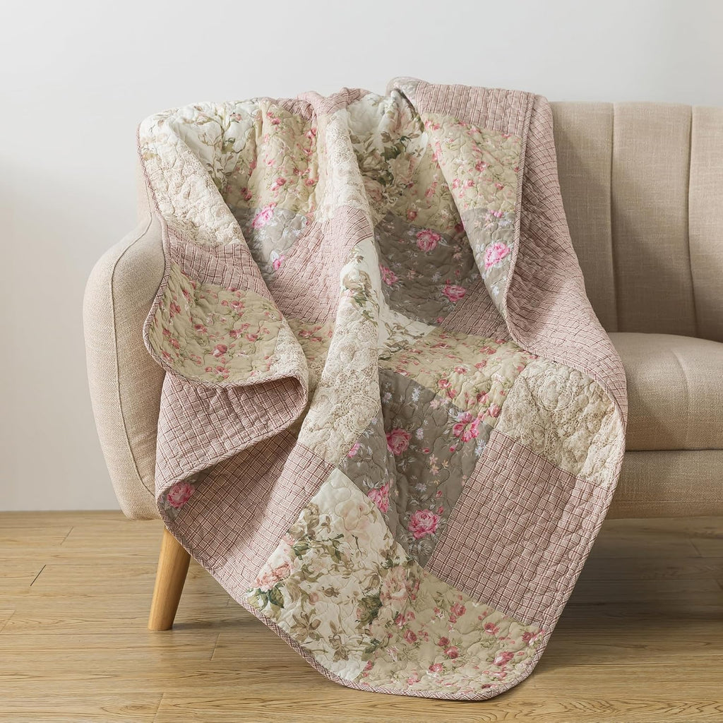 Pink Floral Patchwork Throw Blanket