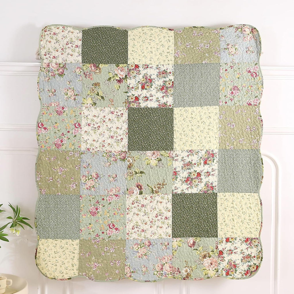 Green Floral Patchwork Throw Blanket