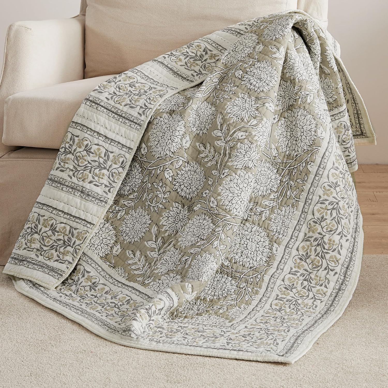 Taupe Floral Quilted Throw