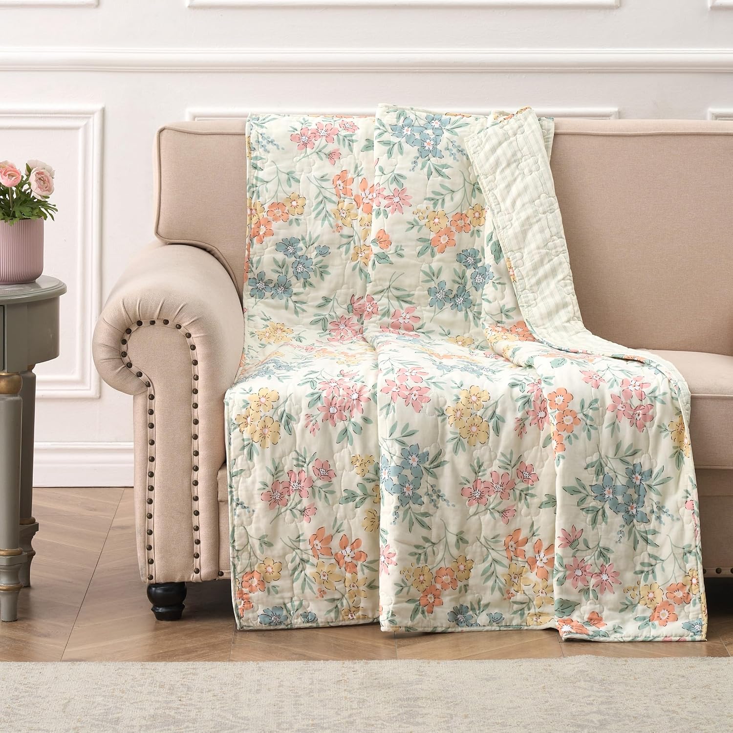 Floral Quilted Cotton Throw Blanket