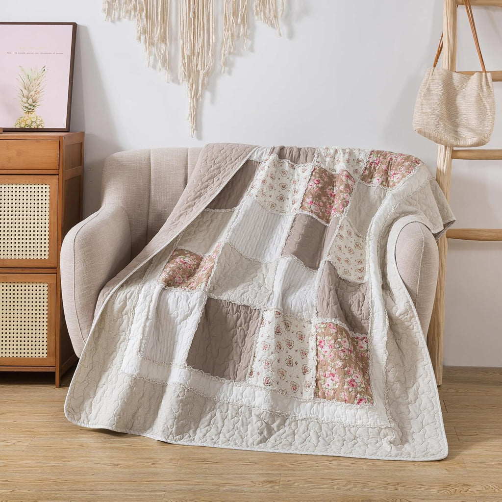 Beige Floral Quilted Throw Blanket