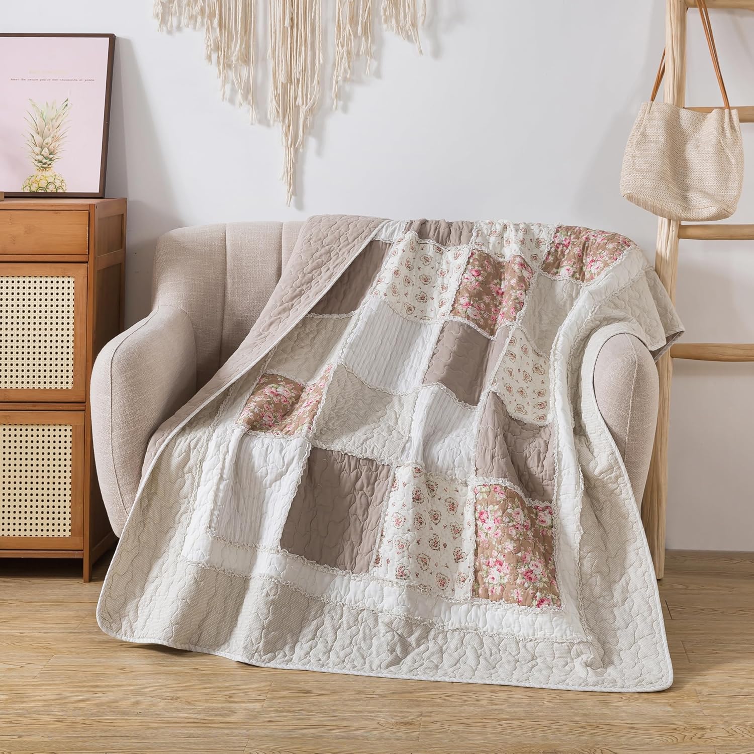 Beige Floral Quilted Throw Blanket