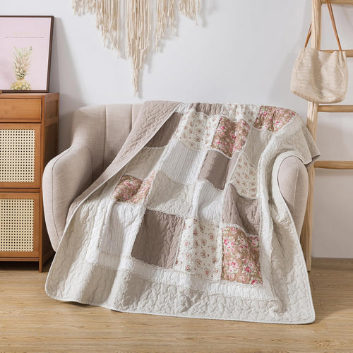 Beige Floral Quilted Throw Blanket