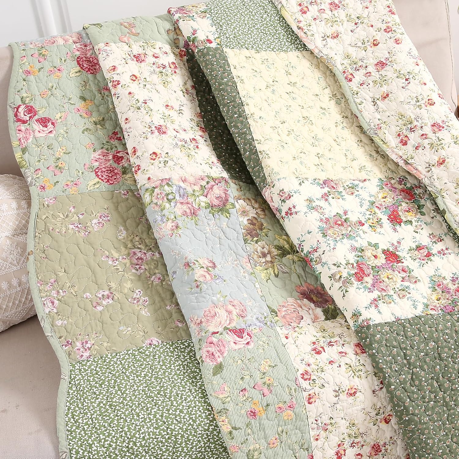 Green Floral Patchwork Throw Blanket