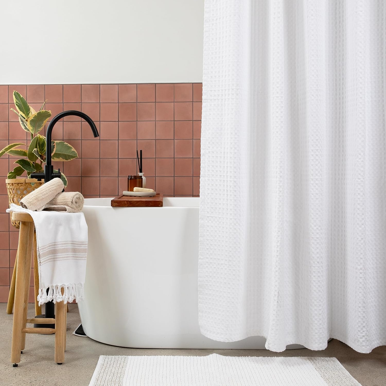 White Cotton Waffle Shower Curtain