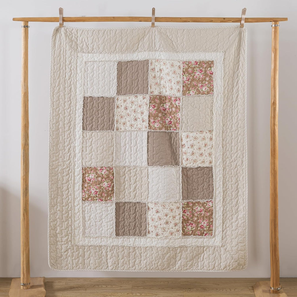 Beige Floral Quilted Throw Blanket