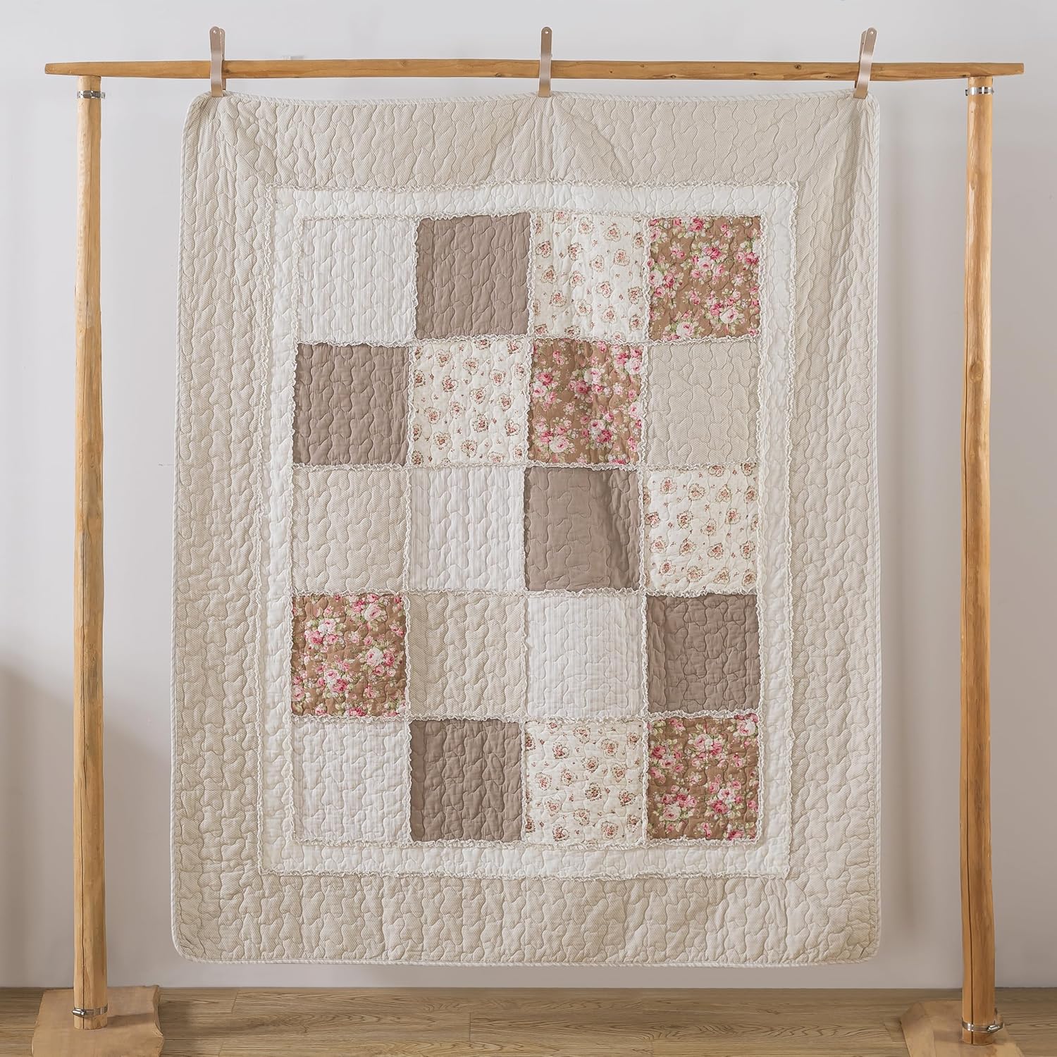 Beige Floral Quilted Throw Blanket
