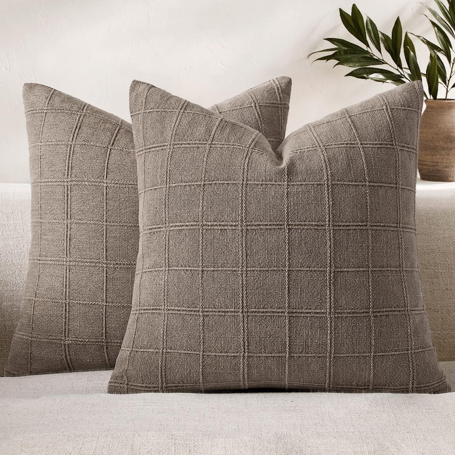Taupe Linen Check Pillow Covers