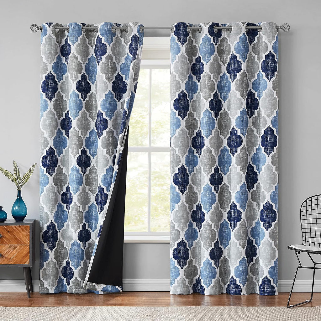 Blue Grey Geo Blackout Curtains
