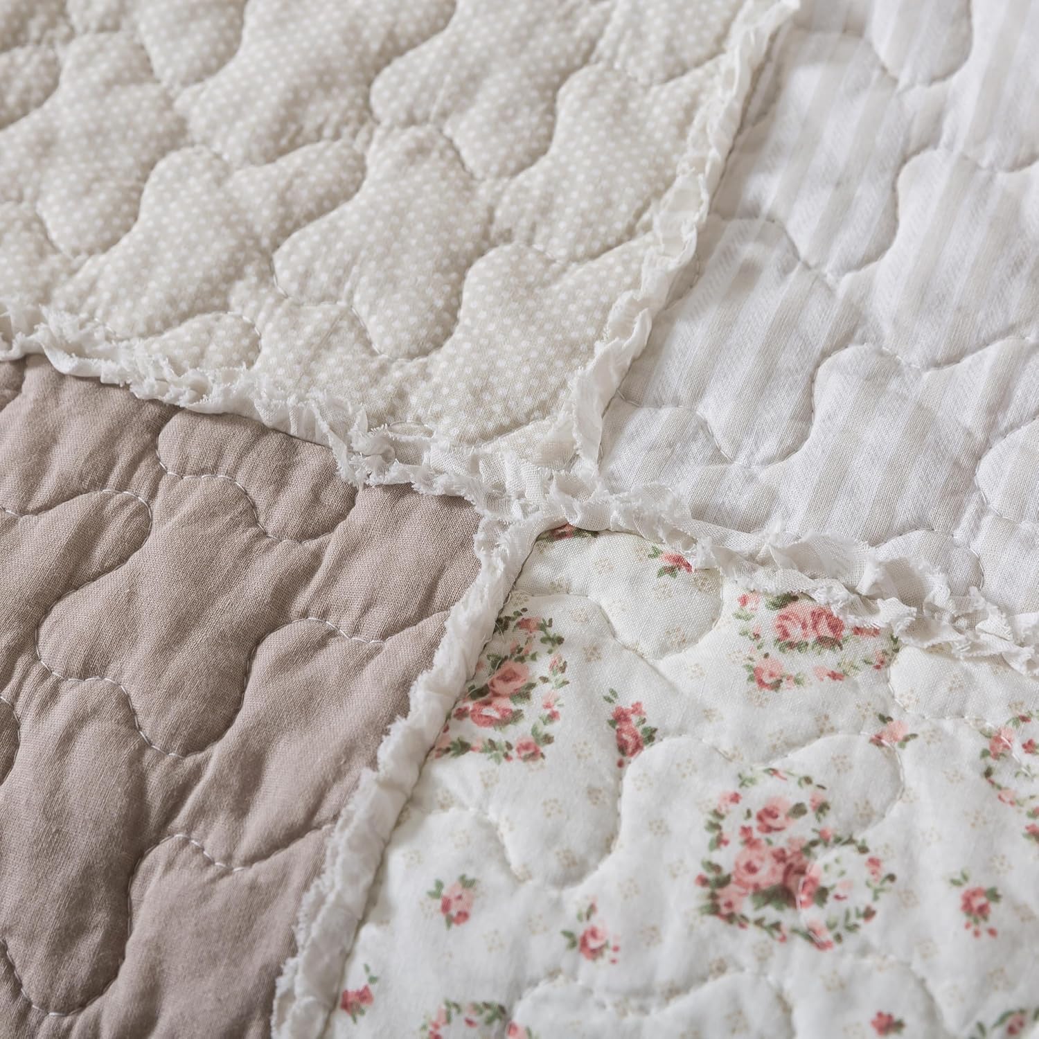 Beige Floral Quilted Throw Blanket